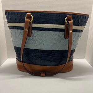 Stylish Blue and Brown Tote Bag with Leather Accents